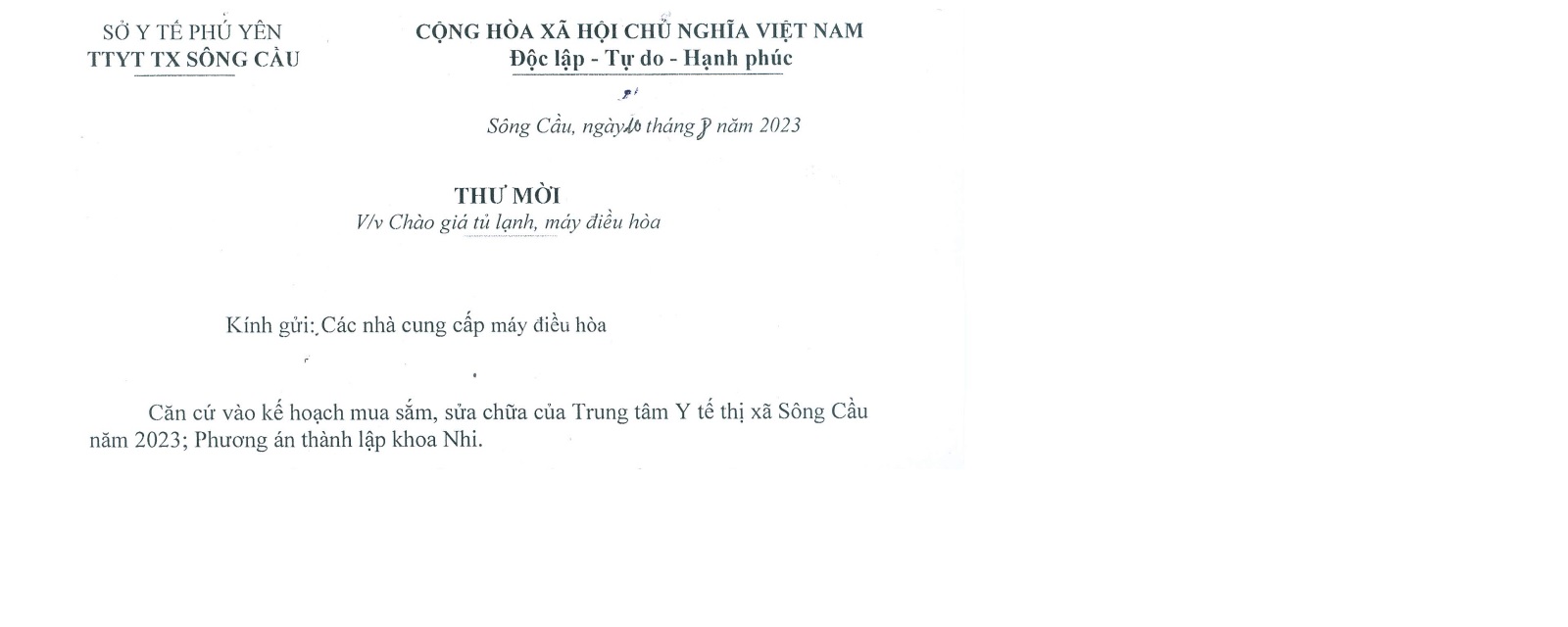 Thư mời Chào giá tủ lạnh, máy điều hòa